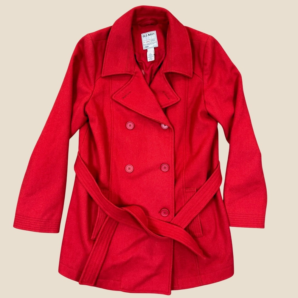 Old Navy Pea Coat Women L Red Wool Blend Double Breasted Belted Winter Outerwear